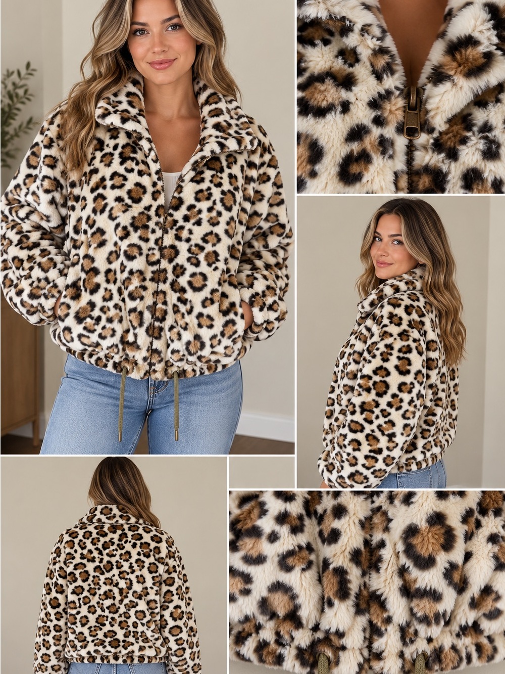 Know One Cares Leopard Faux Fur Jacket Women’s Large Animal Print Plush Zip Up - Picture 2 of 12